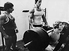 Franco Colombu, Arnold Schwarzenegger and Ken Waller (squatting)